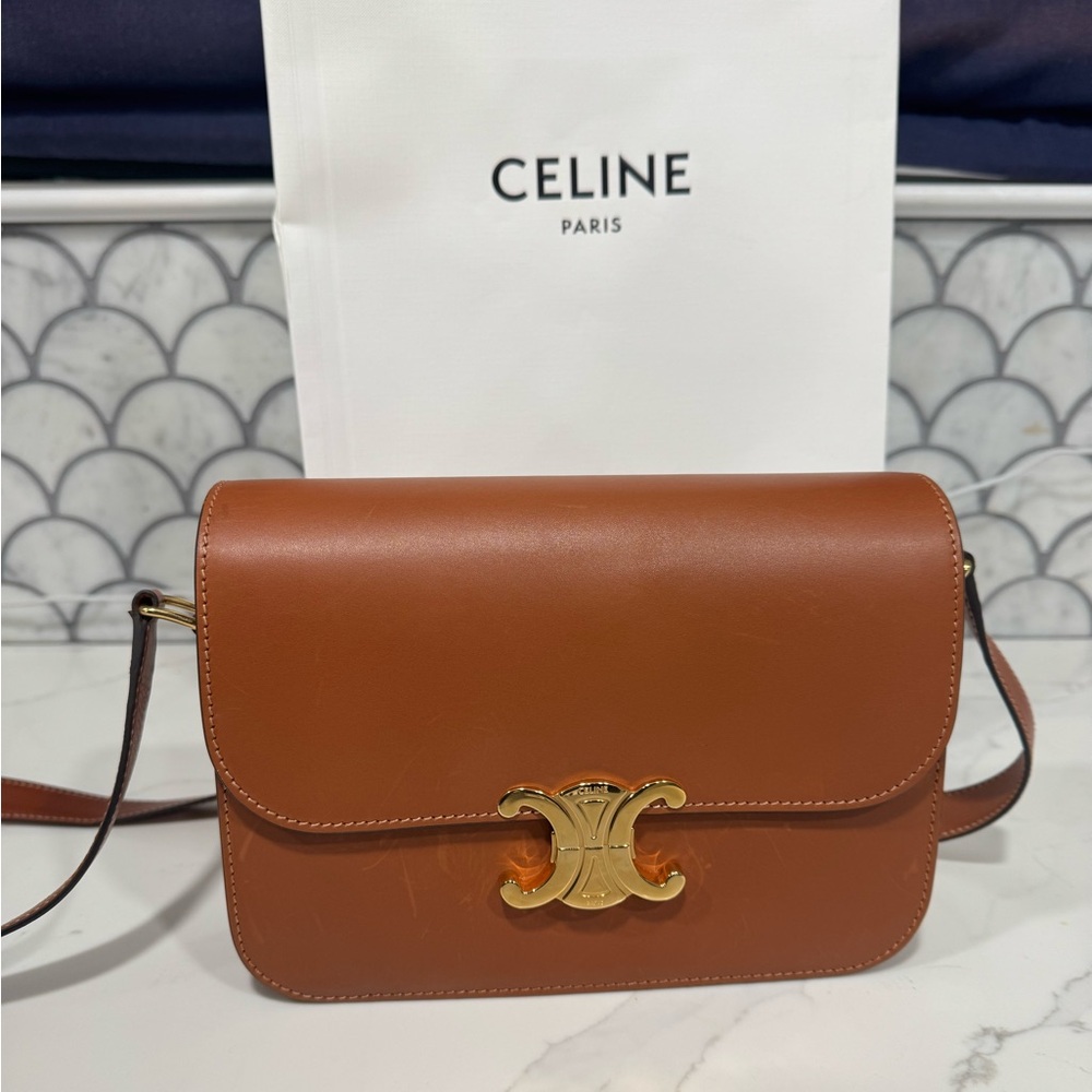 Celine Tan Leather Crossbody Bag with Gold Accent